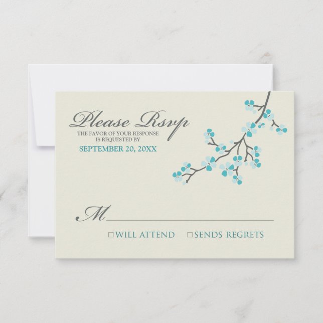 Cherry Blossoms RSVP Card (aqua/grey) (Front)
