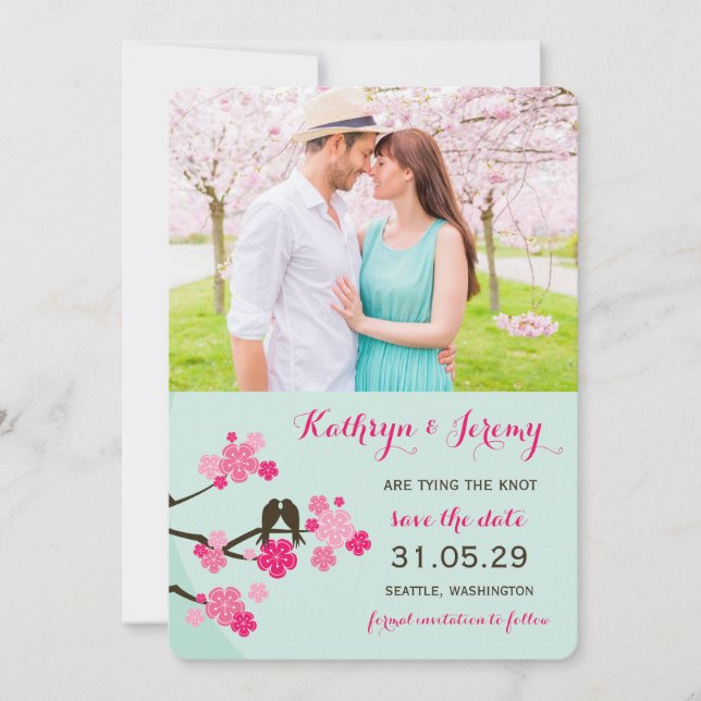 Cherry Blossoms Sakura Love Birds Save The Date (Front)