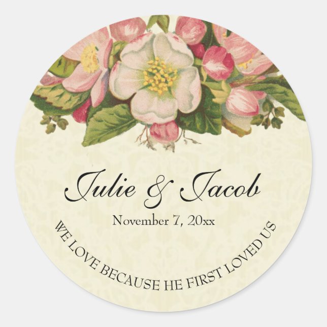 Cherry Blossoms Scripture Vintage Wedding Classic Round Sticker (Front)