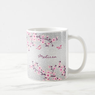 Cherry Blossoms Silver Glitter Monogram Coffee Mug