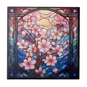 Cherry Blossoms Stained Glass Ceramic Tile