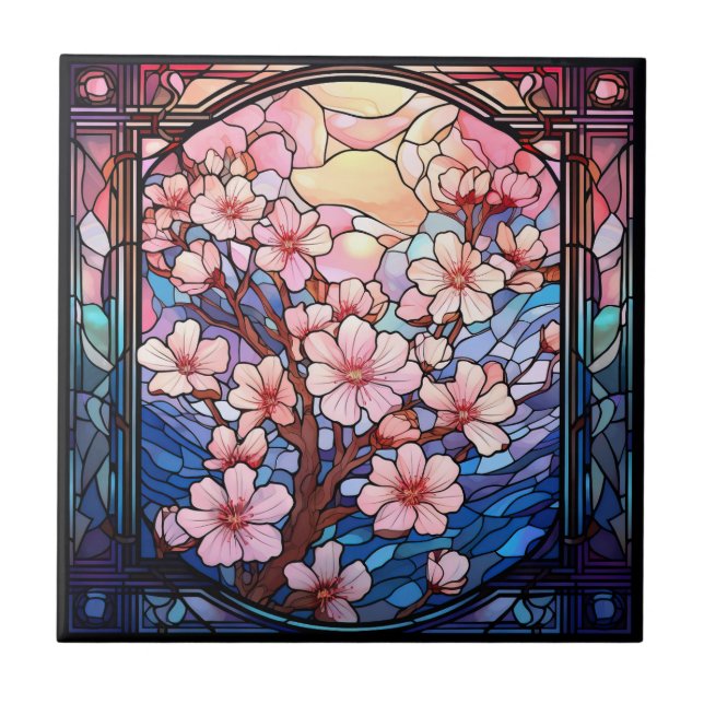 Cherry Blossoms Stained Glass Ceramic Tile (Front)