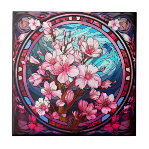 Cherry Blossoms Stained Glass Ceramic Tile