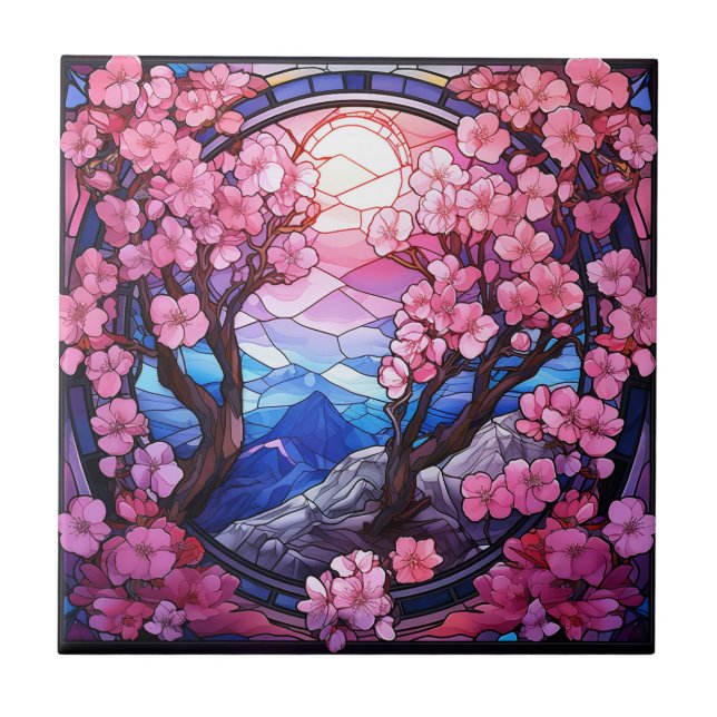 Cherry Blossoms Stained Glass Ceramic Tile (Front)