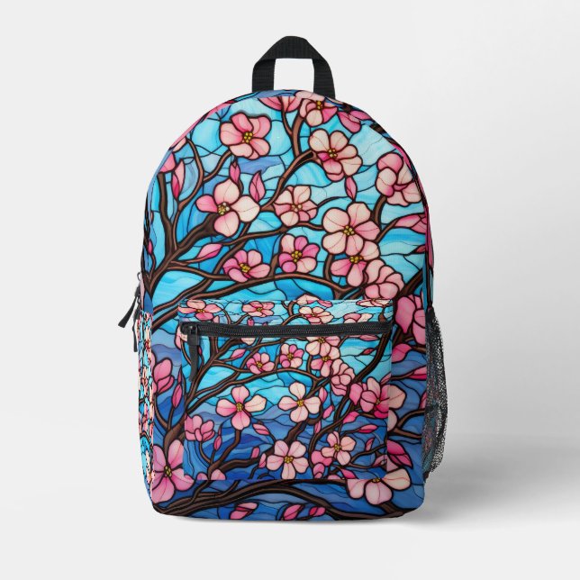 Cherry Blossoms Stained Glass Look Printed Backpack (Front)