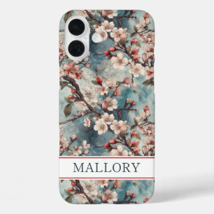 Cherry Blossoms Teal Sakura Print Monogrammed iPhone 16 Plus Case