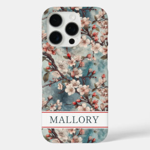 Cherry Blossoms Teal Sakura Print Monogrammed iPhone 16 Pro Case