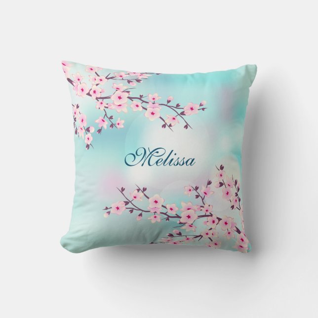 Cherry Blossoms Turquoise Background Cushion (Front)