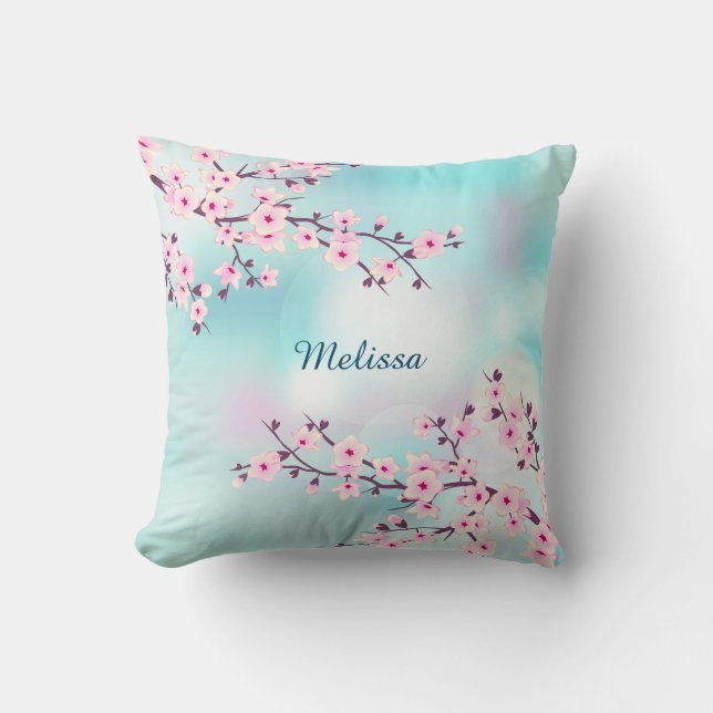 Cherry Blossoms Turquoise Background Cushion (Front)