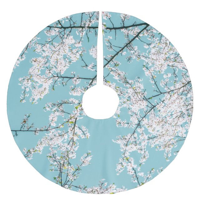 Cherry Blossoms: Turquoise Floral Trend Brushed Polyester Tree Skirt (Front)