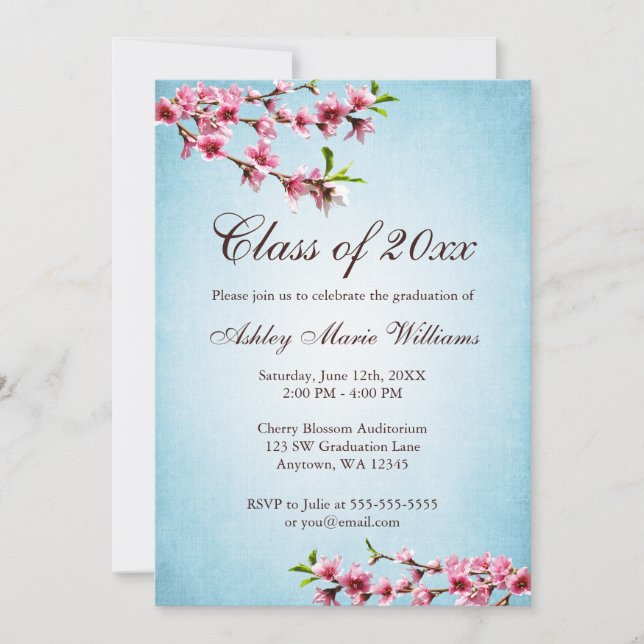 Cherry Blossoms Vintage Blue Graduation Invitation (Front)