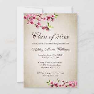 Cherry Blossoms Vintage Tan Graduation Invitation