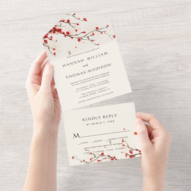 Cherry Blossoms Watercolor Wedding All In One Invitation (Tearaway)