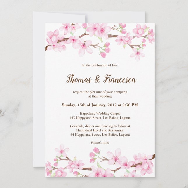 Cherry Blossoms Watercolor Wedding Invitation (Front)