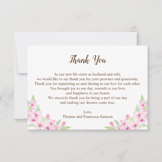 Cherry Blossoms Watercolor Wedding Thank You Card (Front)