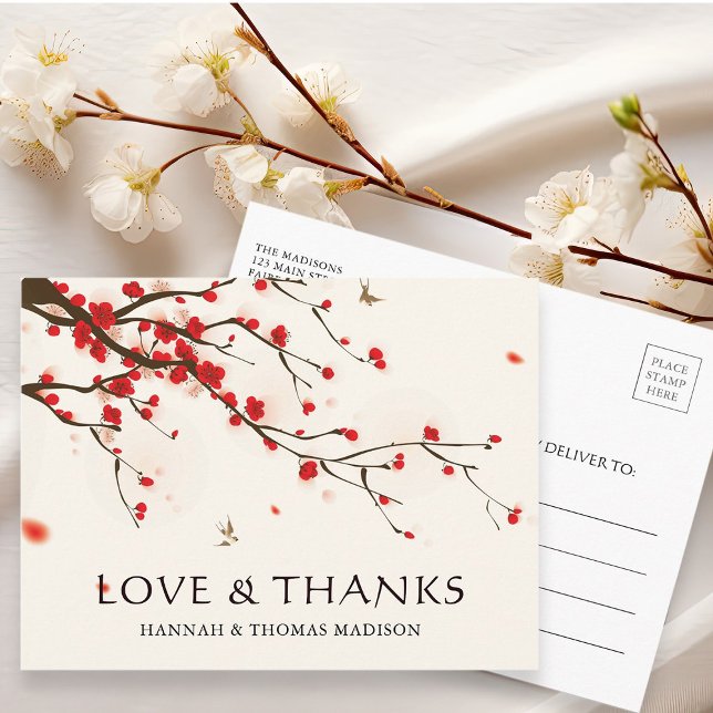 Cherry Blossoms Watercolor Wedding Thank You Postcard (Front & Back)