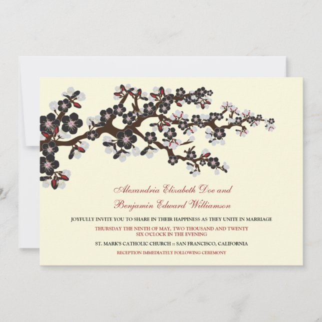 Cherry Blossoms Wedding Invitation (black) (Front)