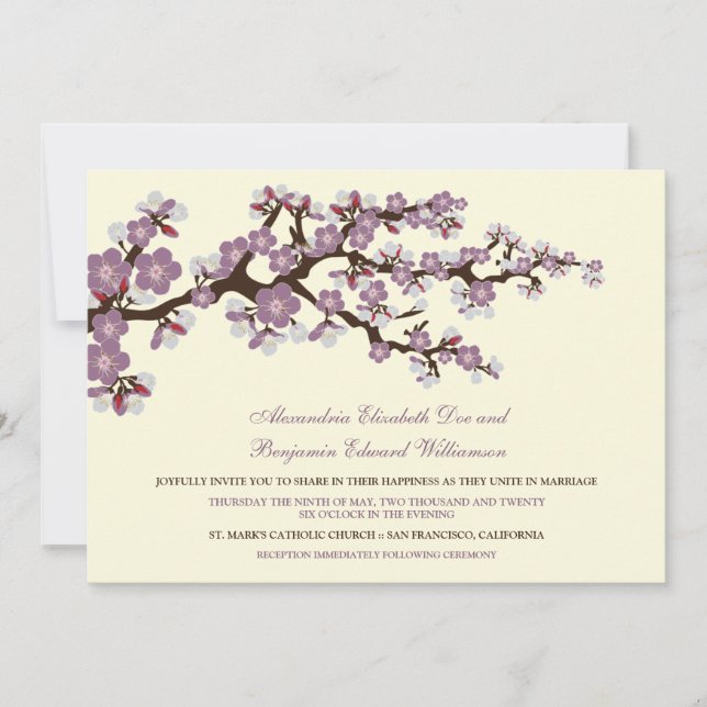Cherry Blossoms Wedding Invitation (lavender) (Front)