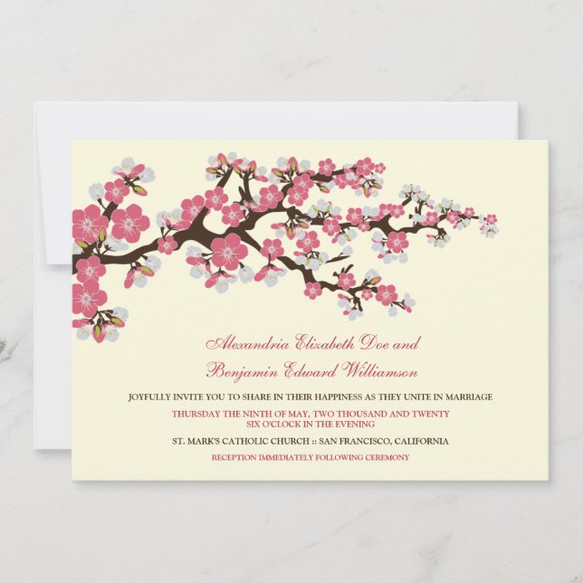 Cherry Blossoms Wedding Invitation (rose pink) (Front)