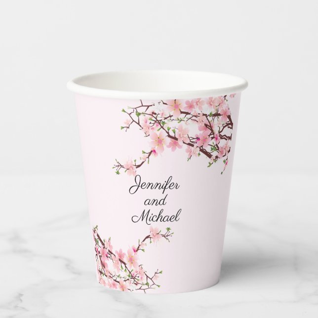 Cherry Blossoms Wedding Reception Personalise Name Paper Cups (Front)