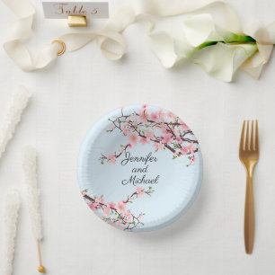Cherry Blossoms Wedding Reception Personalise Name Paper Plate