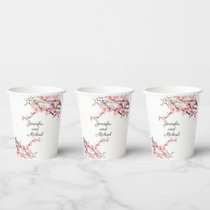Cherry Blossoms Wedding Reception Personalize Name Paper Cups