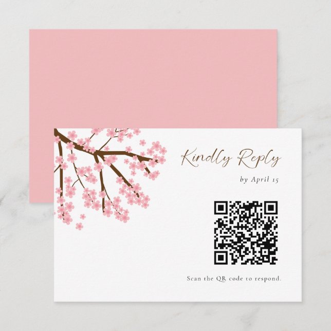 Cherry Blossoms Wedding RSVP QR Code Floral Script Card (Front/Back)