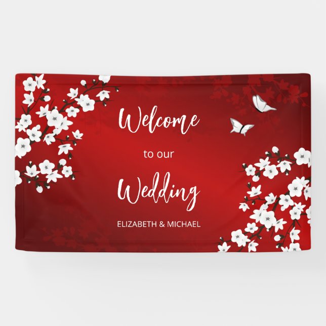 Cherry Blossoms White Red Wedding Welcome Banner (Horizontal)