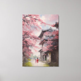 Cherry blossoms with an old house in Japan in 1920 Canvas Print