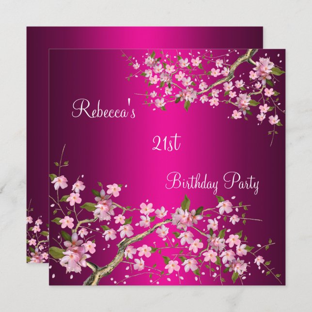Cherry Bossom 21st Elegant Birthday Party Pink Invitation (Front/Back)