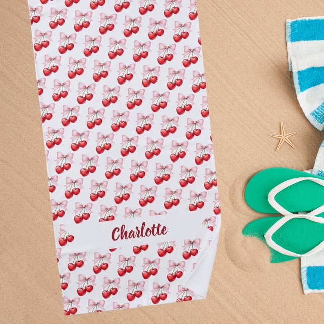 Cherry bow pink name beach towel (Creator Uploaded)