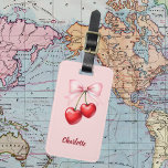 Cherry bow pink name luggage tag<br><div class="desc">Red cherries with pink bow. Soft pink background. Personalise and add your name. 

Back: add your contact information</div>