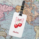 Cherry bow pink name luggage tag<br><div class="desc">Red cherries with pink bow.  Personalise and add your name. 

Back: add your contact information</div>