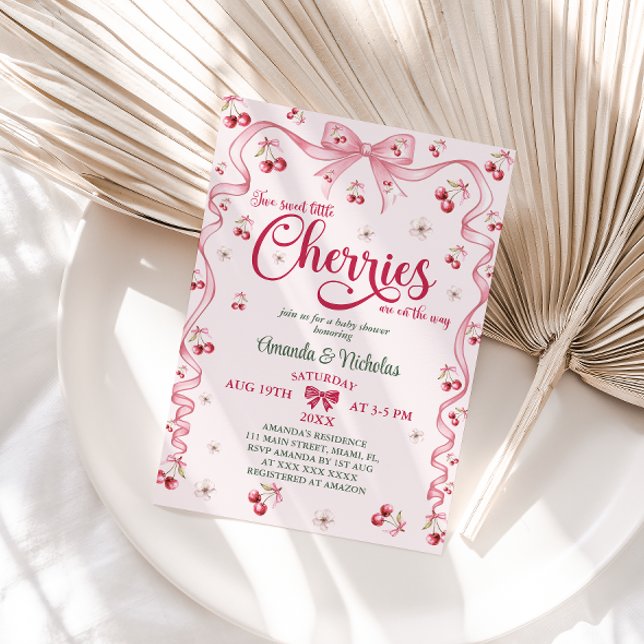 Cherry Bow Twin Girls Baby Shower  Invitation (Creator Uploaded)