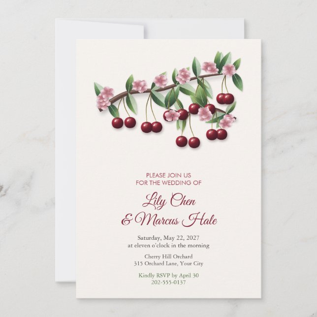 Cherry Branch and Blossom Spring Wedding Invite (Front)