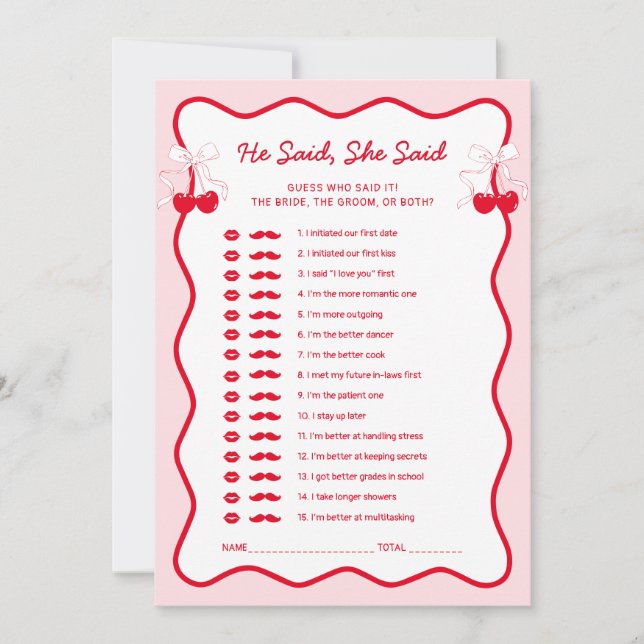 Cherry Bridal Shower He Said She Said Game Card (Front)