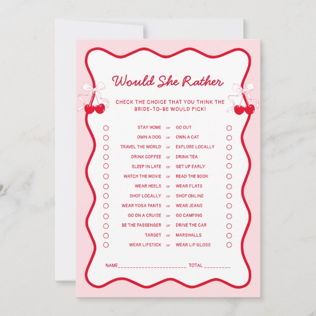 Cherry Bridal Shower Would She Rather Game Card (Front)