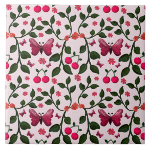 Cherry Butterfly Floral Seamless Pattern  Tile