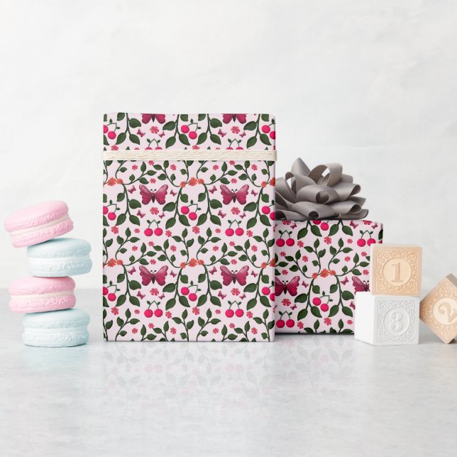 Cherry Butterfly Floral Seamless Pattern  Wrapping Paper (Baby Shower)