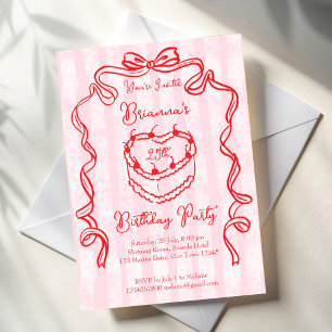 Cherry cake pink coquette bow birthday party invitation