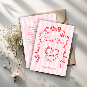 Cherry cake pink coquette bow birthday party thank you card