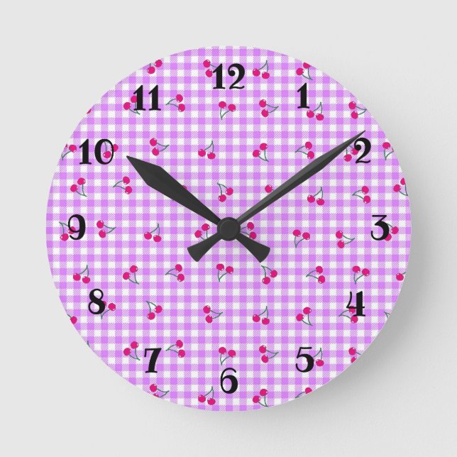 CHERRY CHECK PINK ROUND WALL CLOCK (Front)