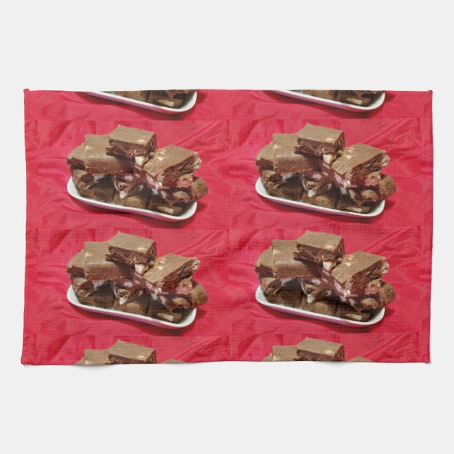 Cherry Chocolate Marshmallow Fudge On A Plate Tea Towel (Horizontal)