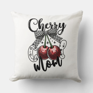 Cherry Cool Mum Red Disco Cherries Chequered Bow Cushion