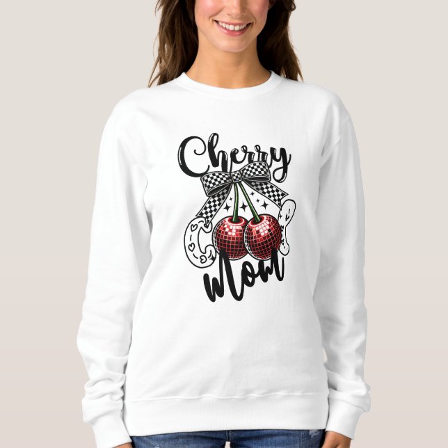 Cherry Cool Mum Red Disco Cherries Chequered Bow Sweatshirt (Front)