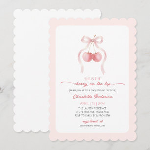 Cherry coquette bow girl baby shower invitation