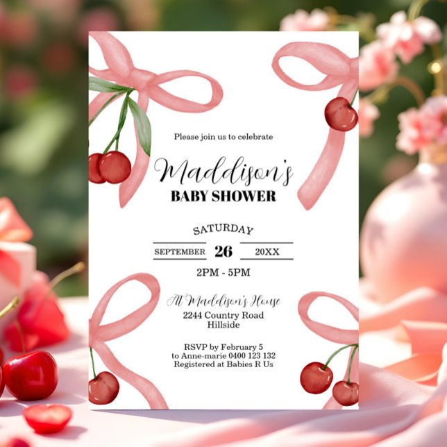 Cherry Coquette Bows Baby Shower Invitation (Cherry Baby Shower Invitation. Coquette Baby Shower Invitation Cherries and Bows Baby Shower Invite)