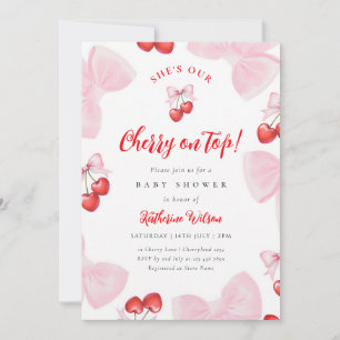 Cherry Coquette Pink Bow Baby Shower Invitation