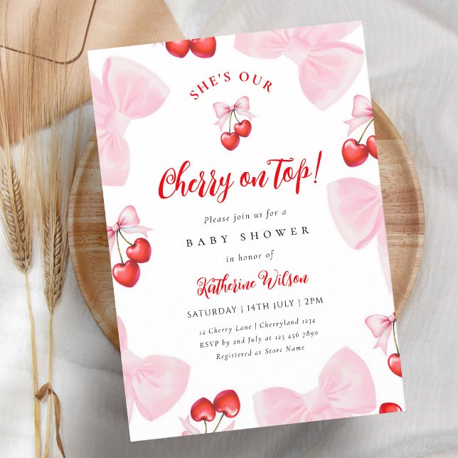 Cherry Coquette Pink Bow Baby Shower Invitation (Creator Uploaded)