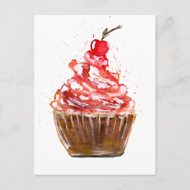 Cherry Cupcake Watercolor Postcard (Front)